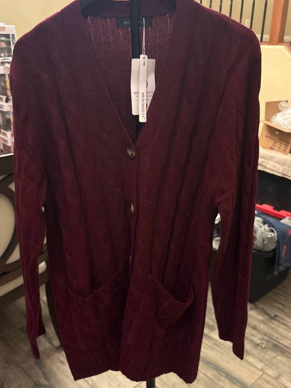 Merokeety Burgundy Cable-Knit Button Cardigan